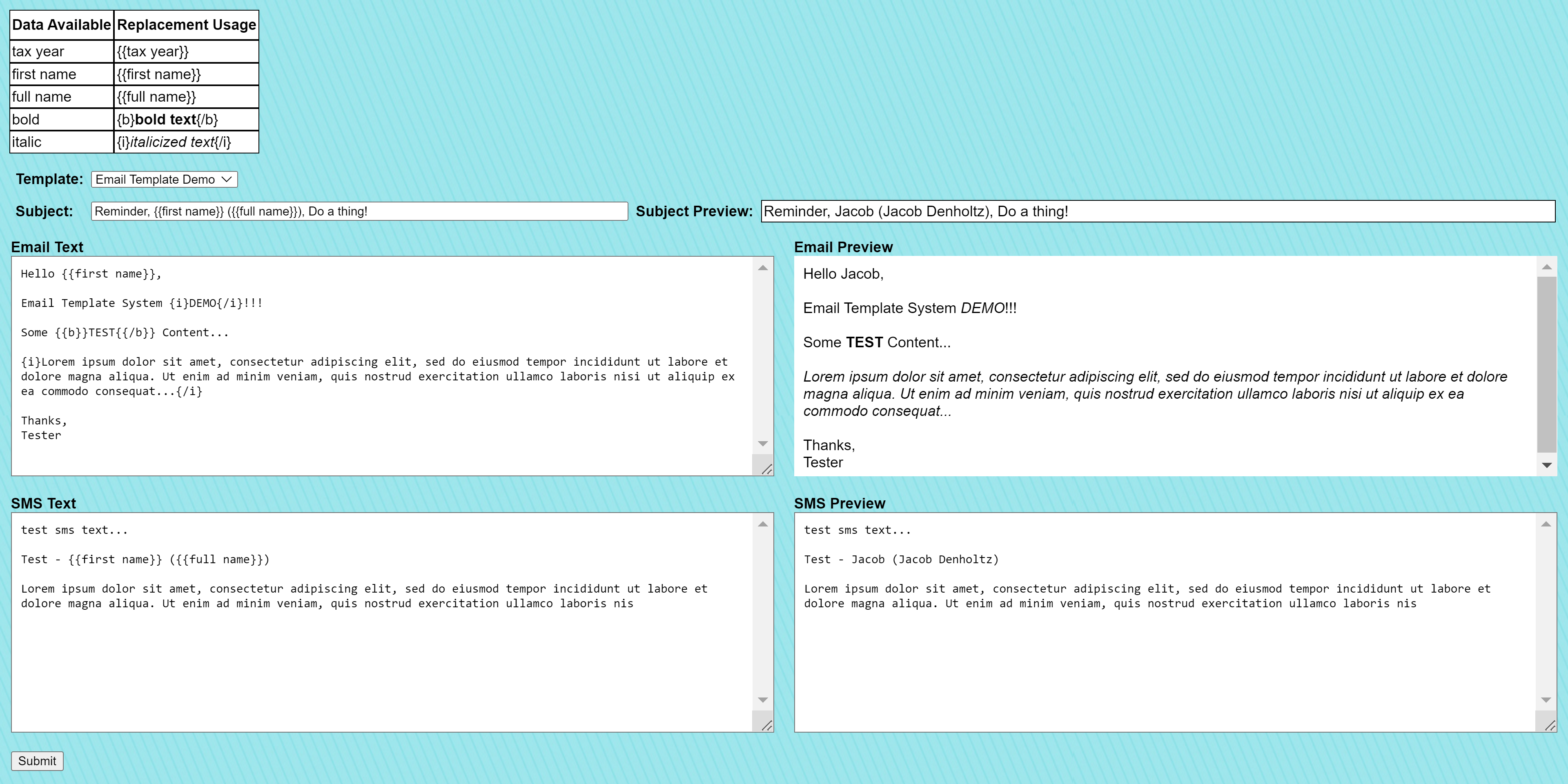 Email template editing view showing replacement vars and editable subject, email content, and sms content along with previews.