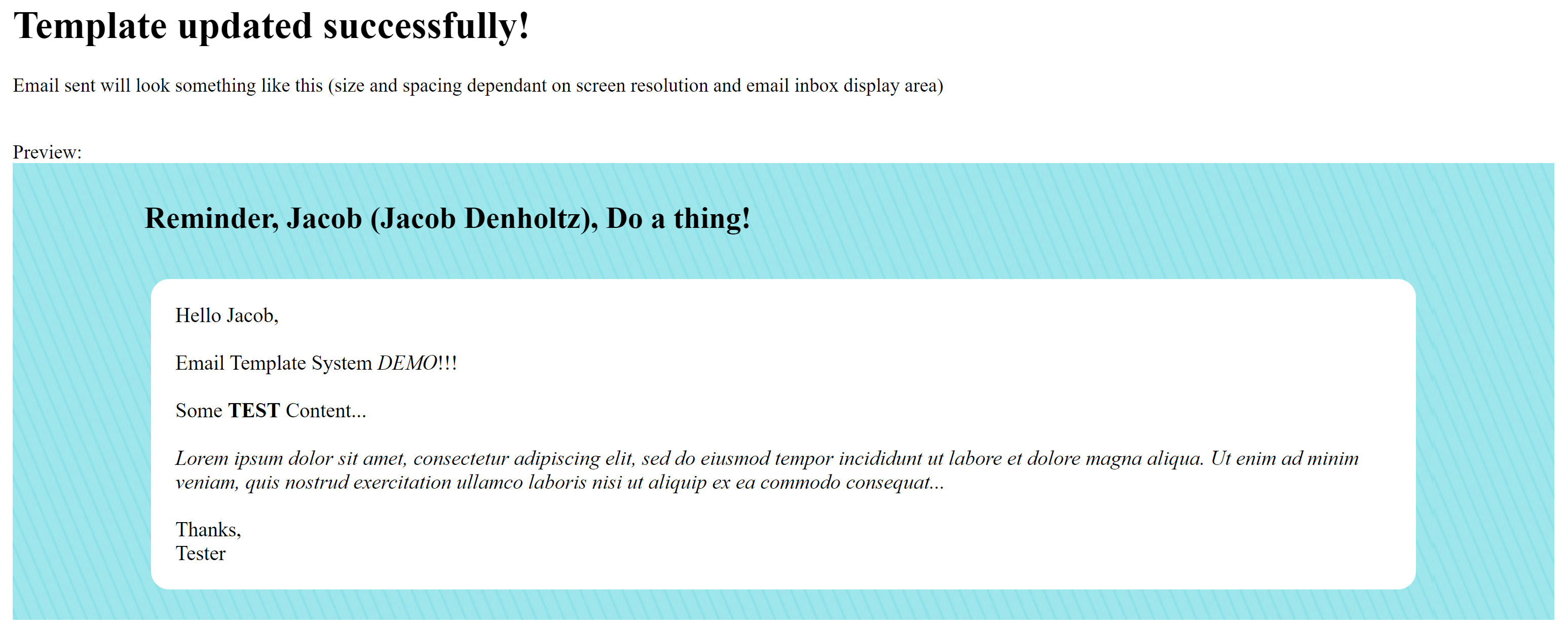 Example of the email resulting from the template, displayed after saving data.
