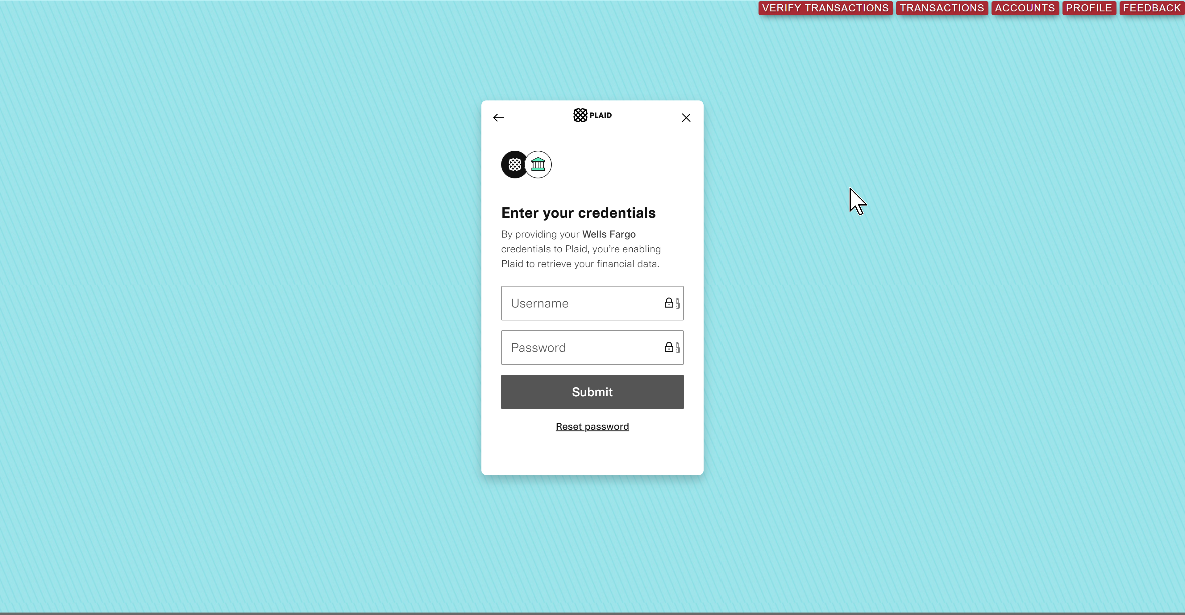 Expense Tracker Plaid interface for connecting to a financial institution.